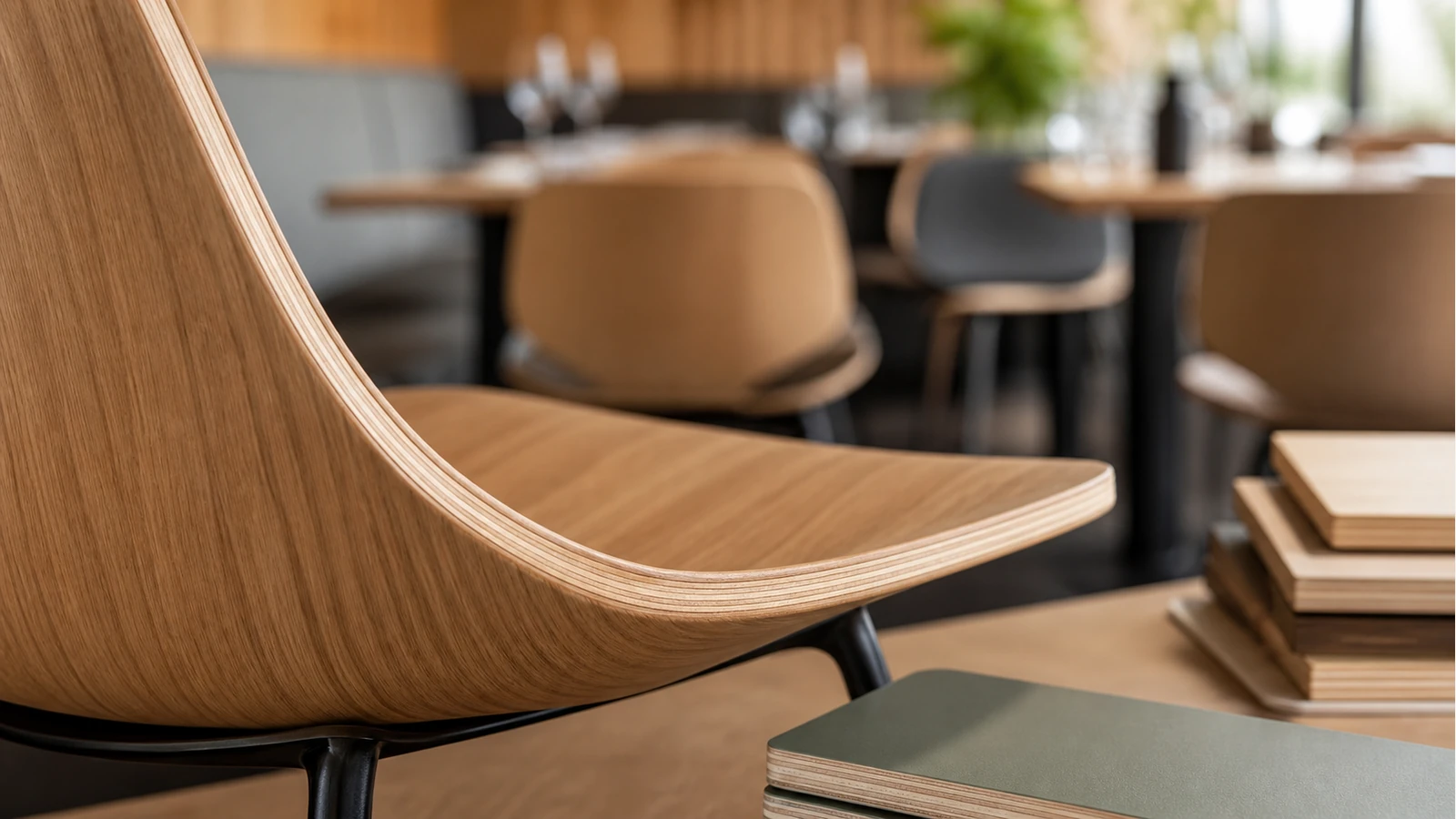 Professionelles redaktionelles Titelbild zum Beitrag: Holzschalen bei Gastrostühlen: Formholz, Furnierlagen und Kantenversiegelung im Praxischeck